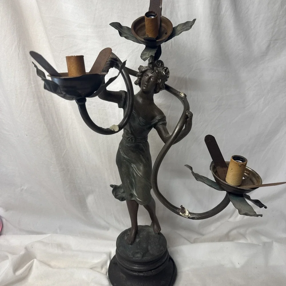 Antique Art Nouveau Spelter Bronze Newel Post Lamp Woman Nymph Lamp Repair Work